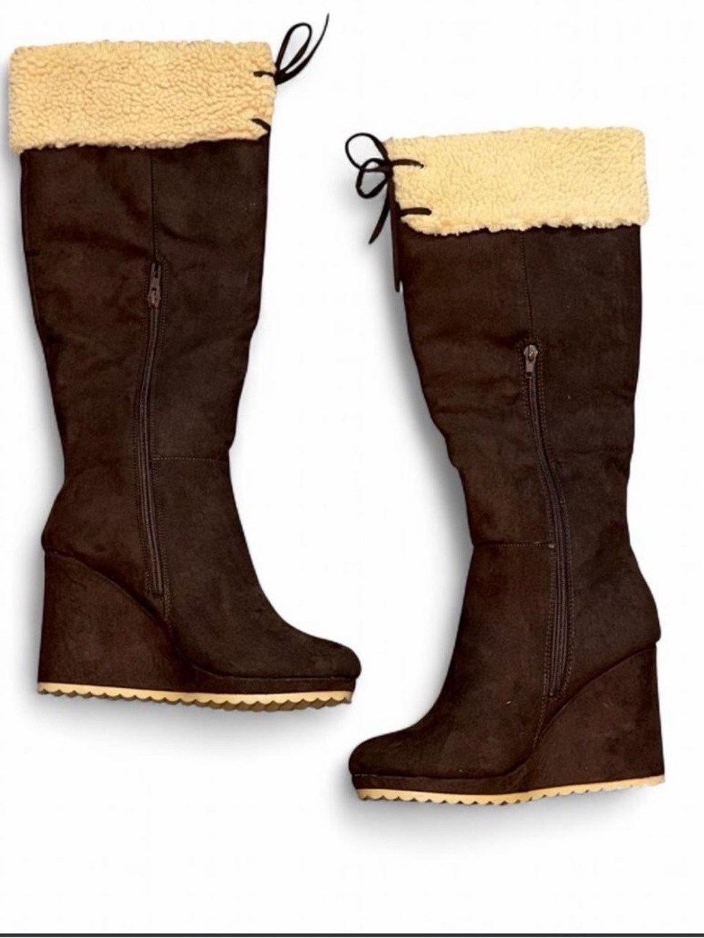 JustFab Cameron Sherpa Wedge Boots Brown Size 8.5 NWOT Cozy Winter - Picture 3 of 7